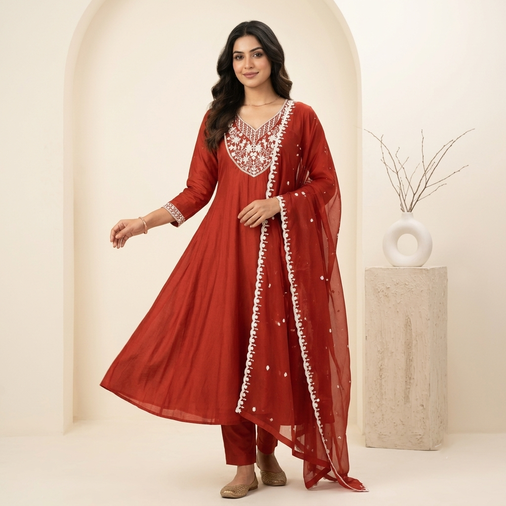 Rust Anarkali 3 Pcs Suit Set