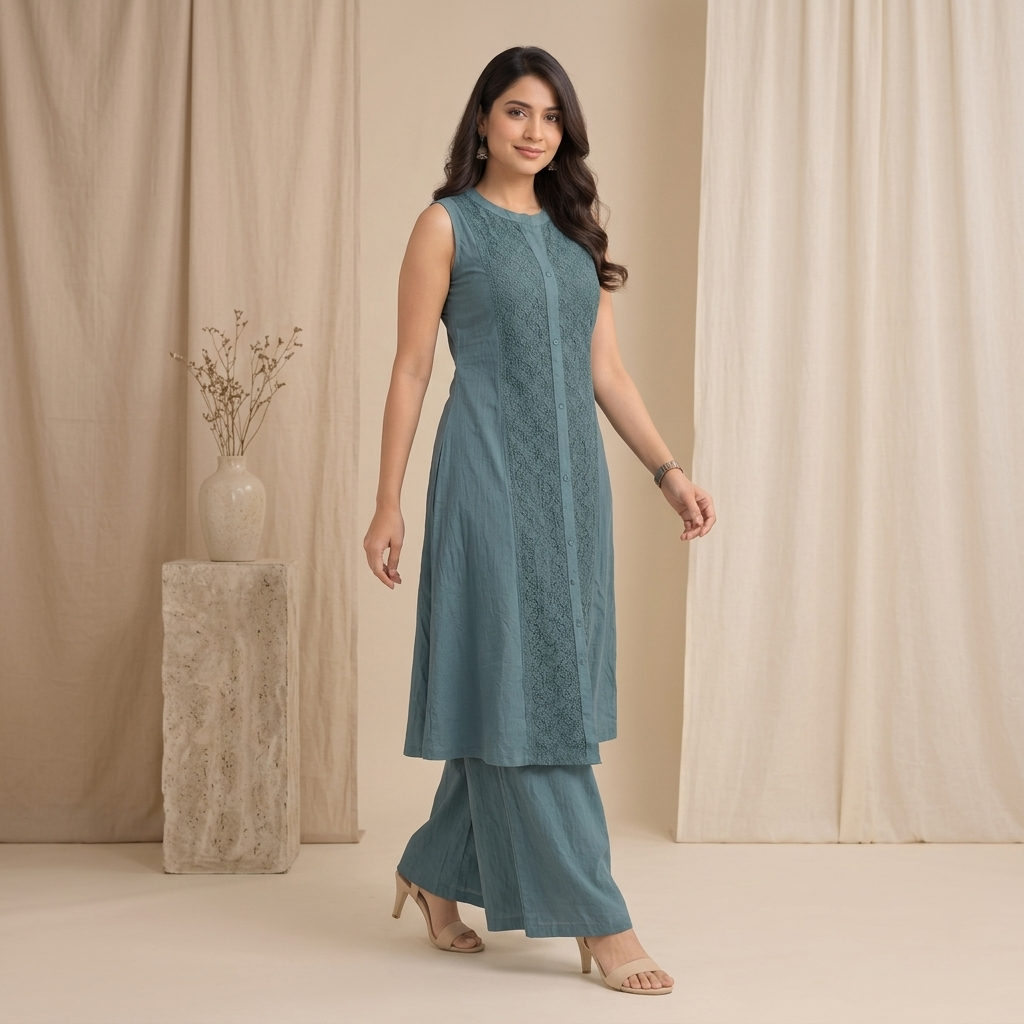 A-Line Teal Kurta Palazzo Set