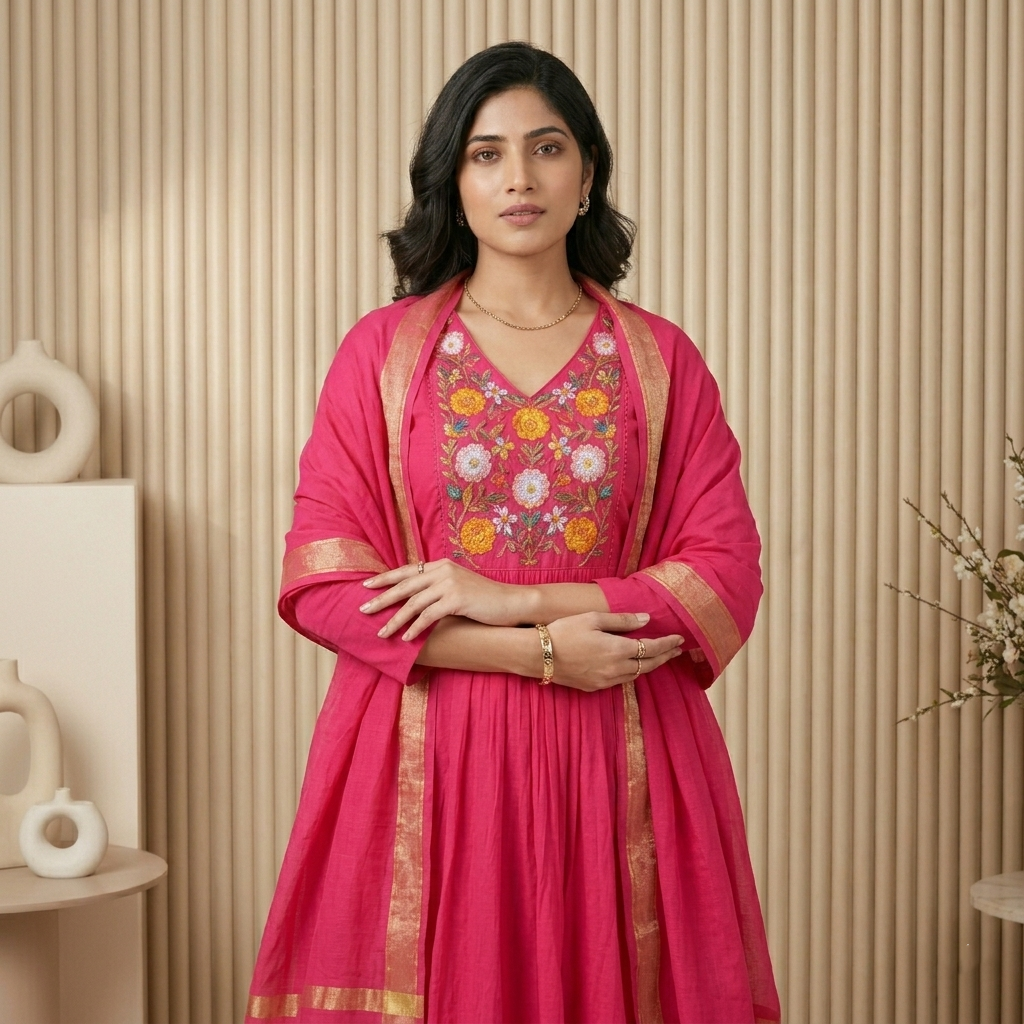 Rani Pink Embroidered Anarkali 3 Pcs Suit Set