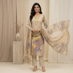 Beige Floral Printed 3 Pcs Suit Set