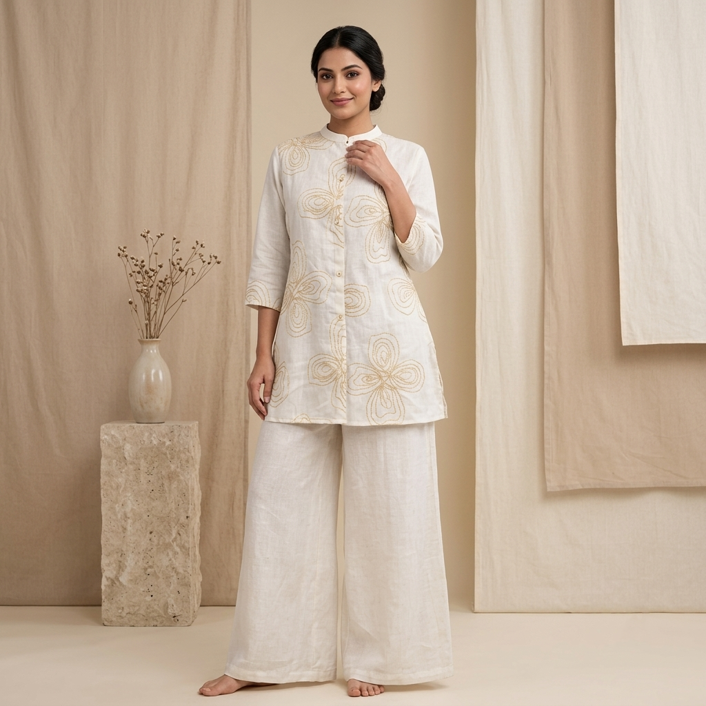 White Embroidered Kurti Palazzo Set
