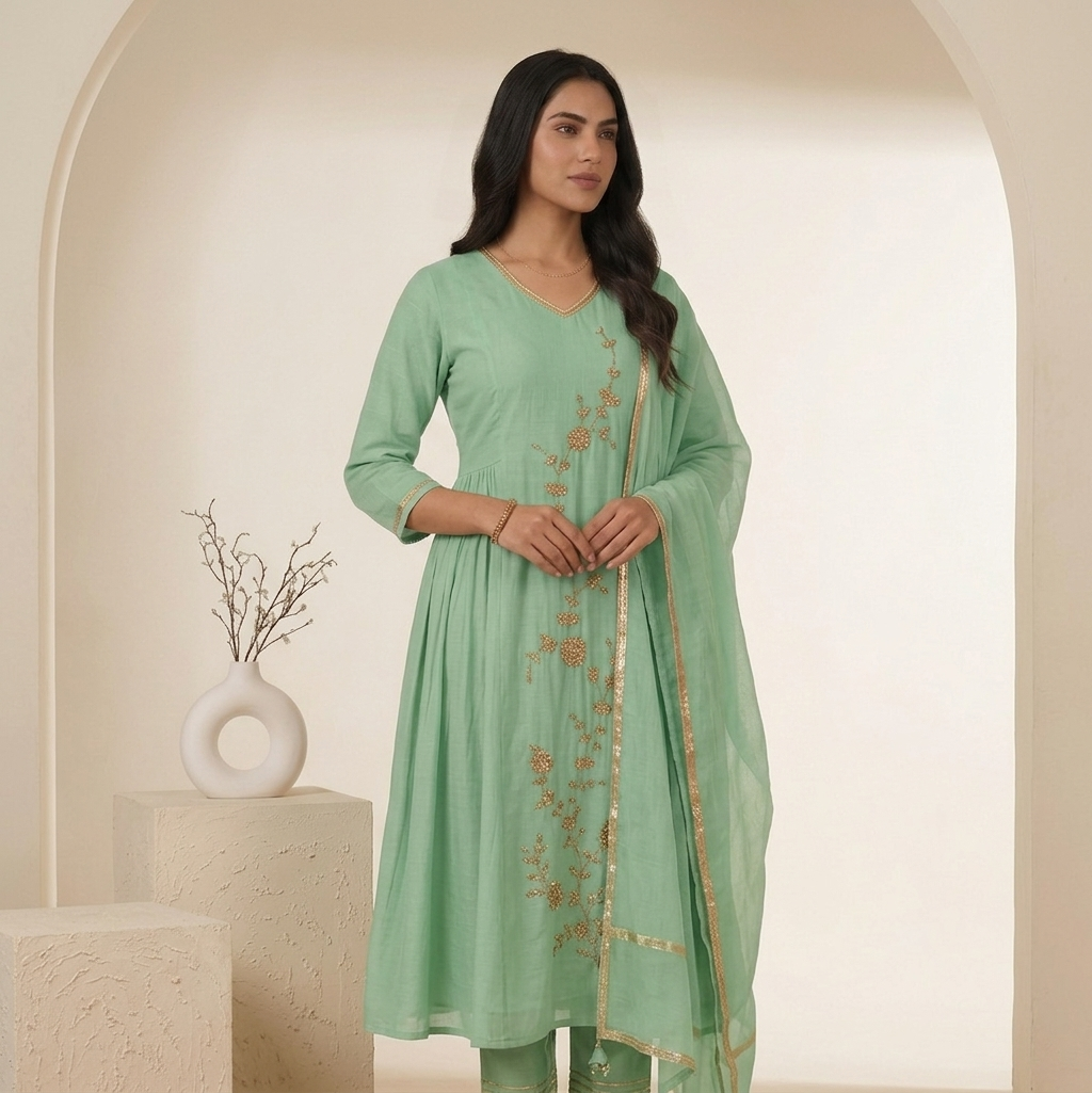 Mint Green Anarkali 3 Pcs Suit Set