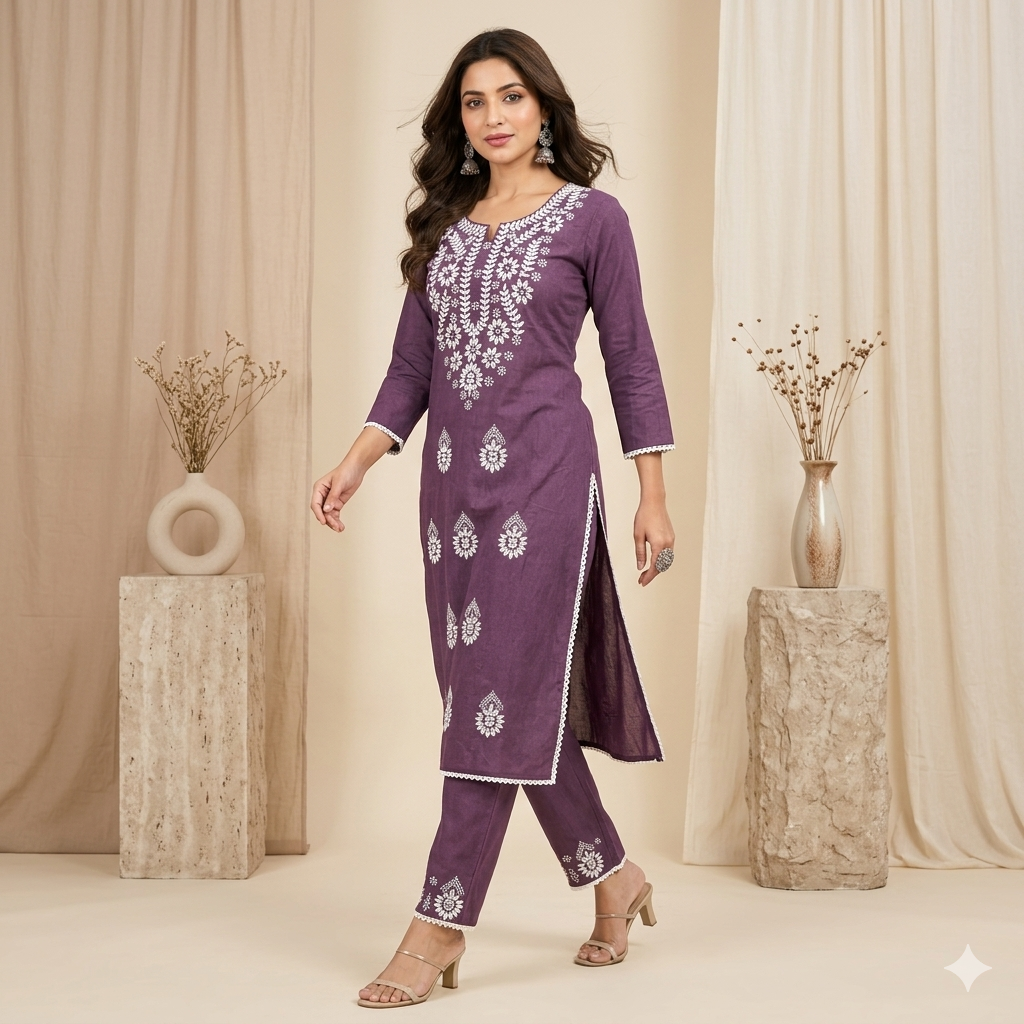 Plum Purple Chikankari Kurta Set