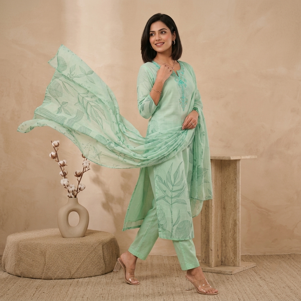 Aqua Leaf Printed 3 Pcs Suit Set