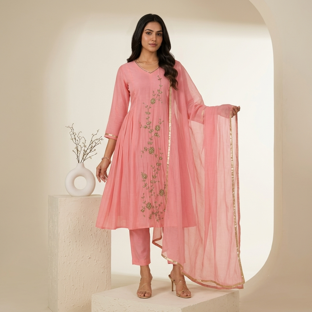 Pink Anarkali 3 Pcs Suit Set