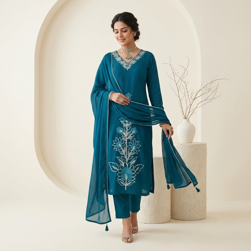 Peacock Blue Embroidered 3 Pcs Suit Set