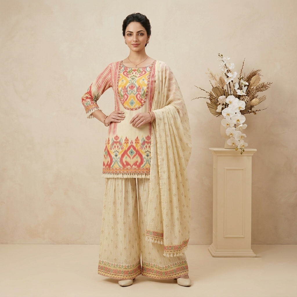 Ivory Ikat 3 Pcs Suit Set
