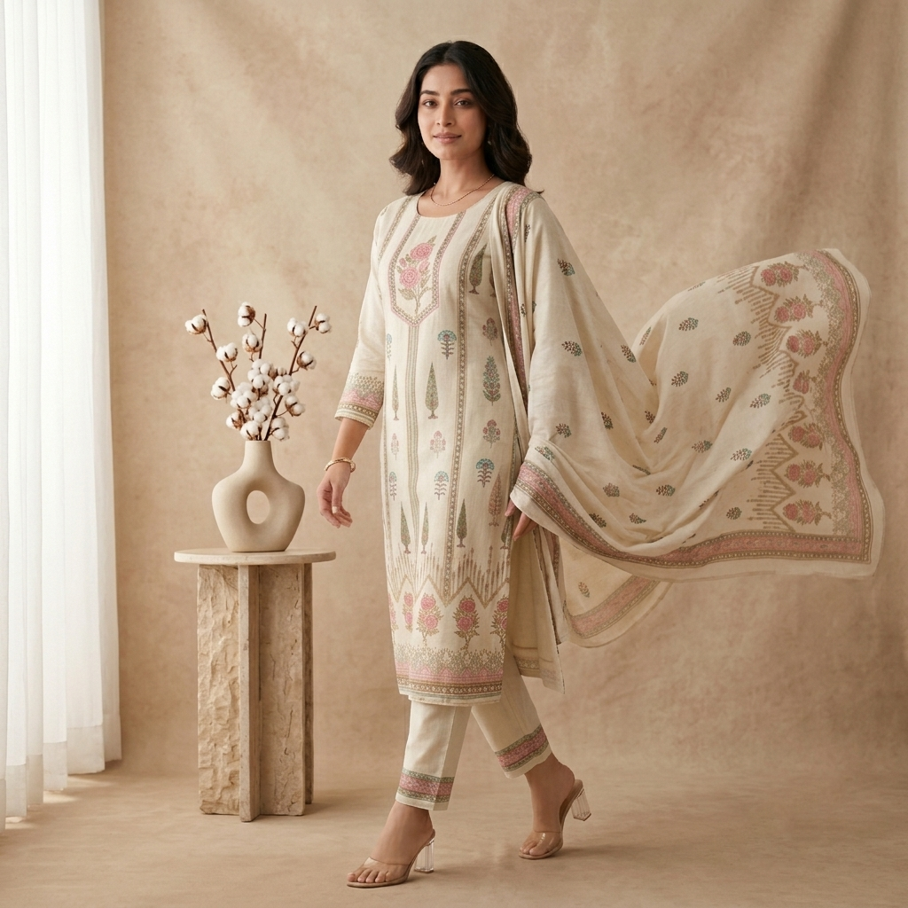 Ivory Pink Floral 3 Pcs Suit Set