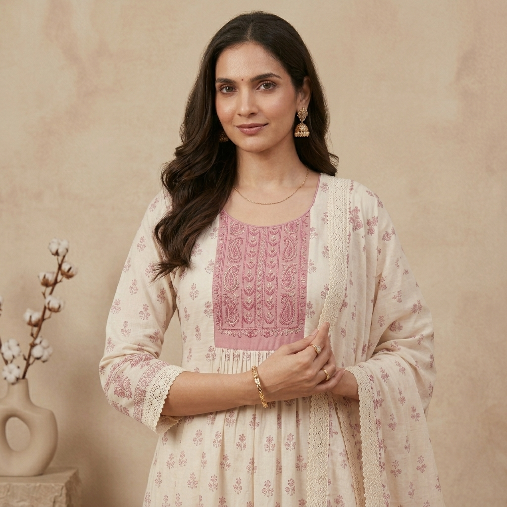 Ivory Pink Anarkali 3 Pcs Suit Set
