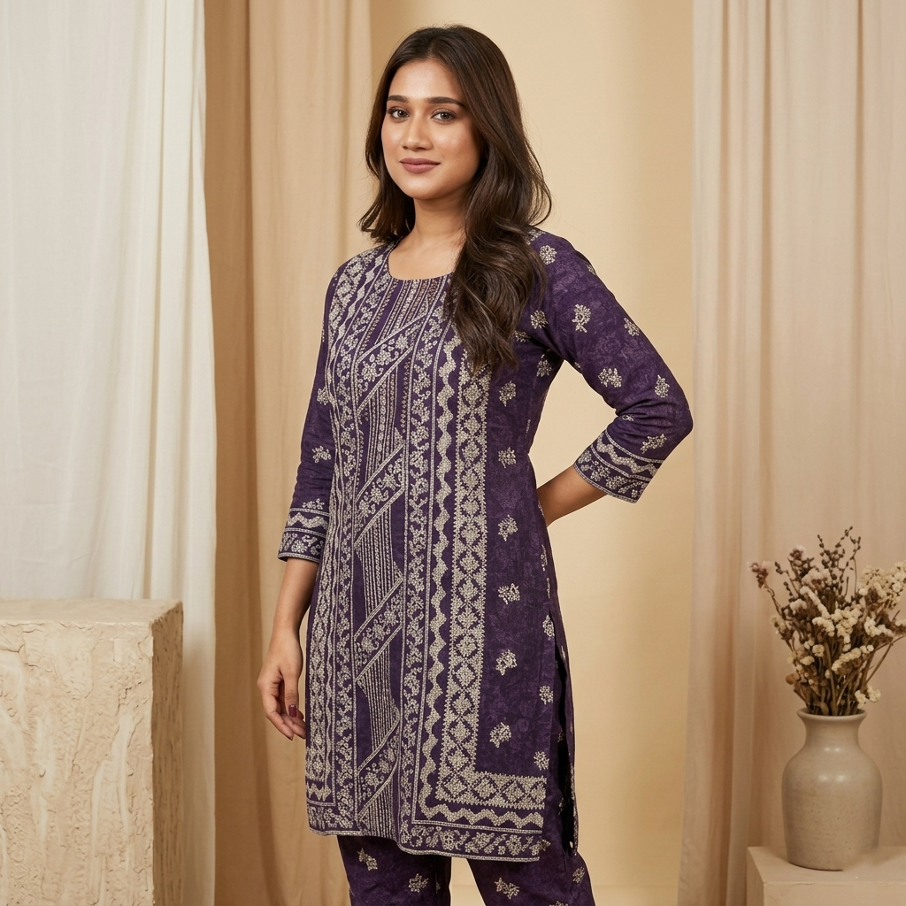 Royal Motif Purple Kurta Set
