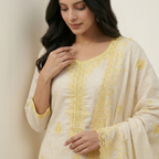 Ivory Yellow Embroidered 3 Pcs Suit Set