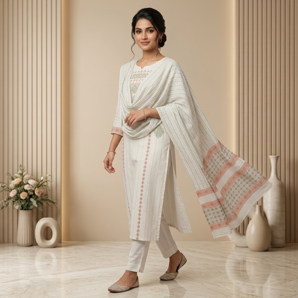 White & Peach Printed 3 Pcs Suit Set