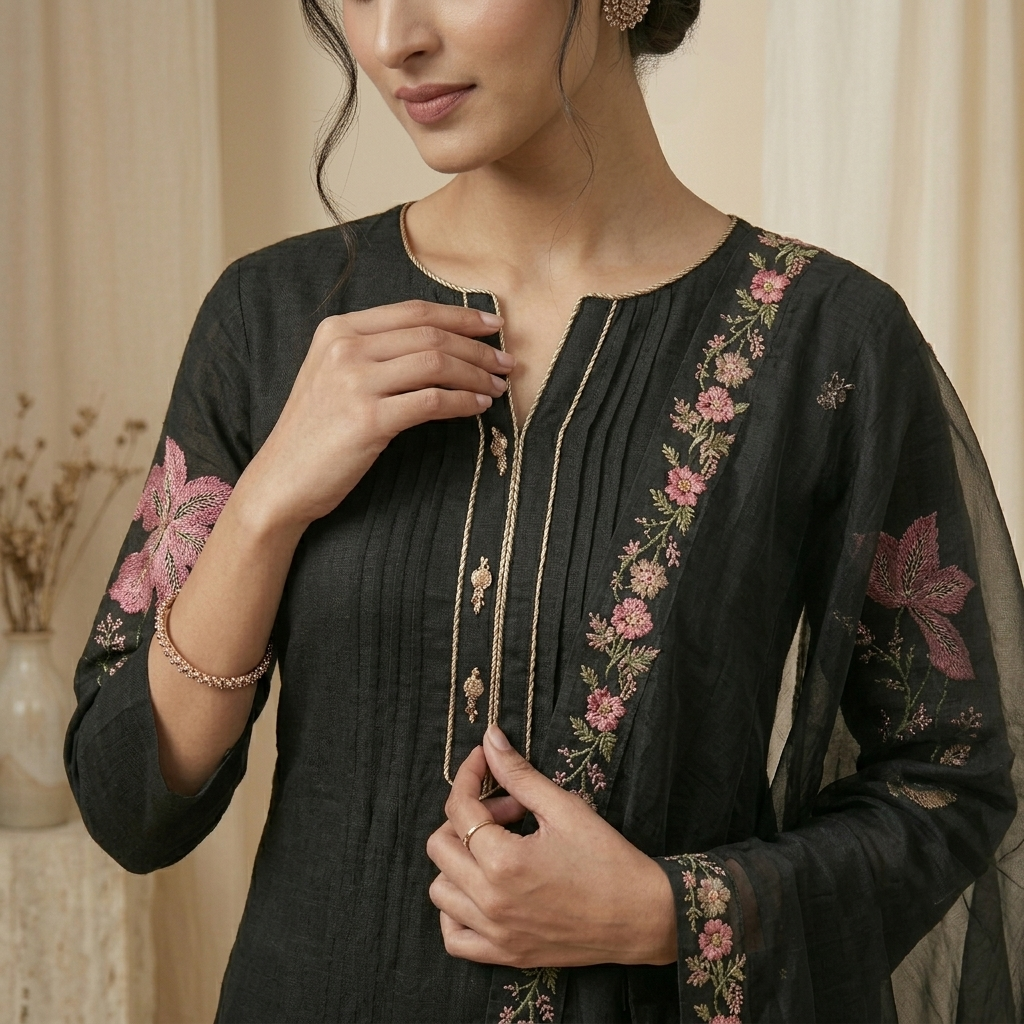 Black Embroidered Floral 3 Pcs Suit Set