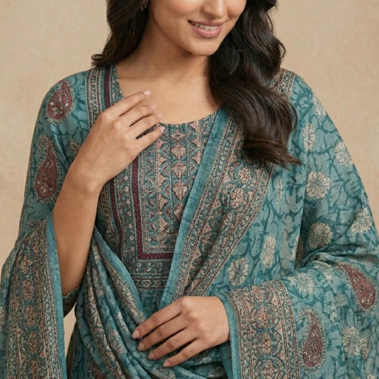 Teal Paisley Print 3 Pcs Suit Set