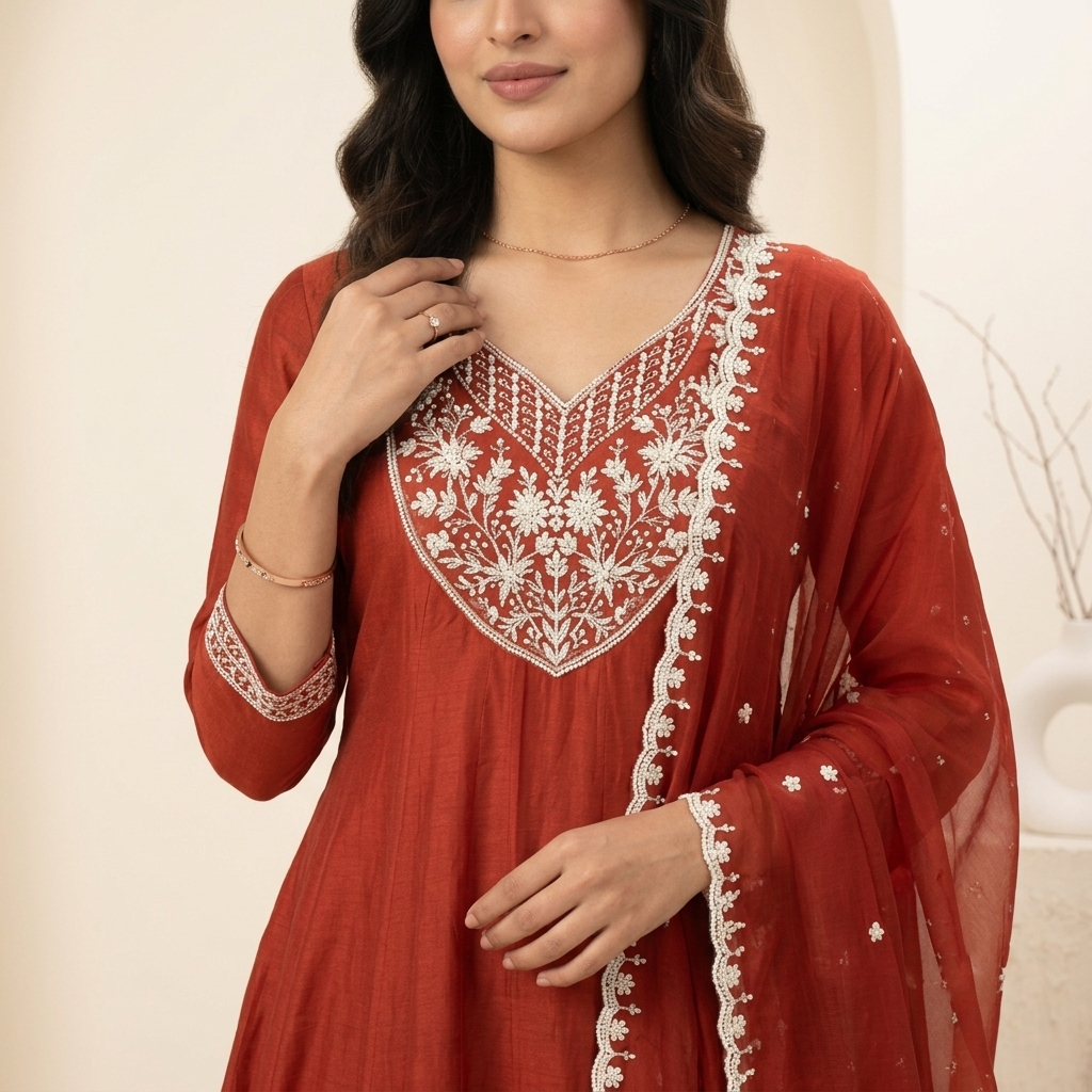 Rust Anarkali 3 Pcs Suit Set