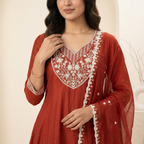 Rust Anarkali 3 Pcs Suit Set