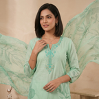 Aqua Leaf Printed 3 Pcs Suit Set
