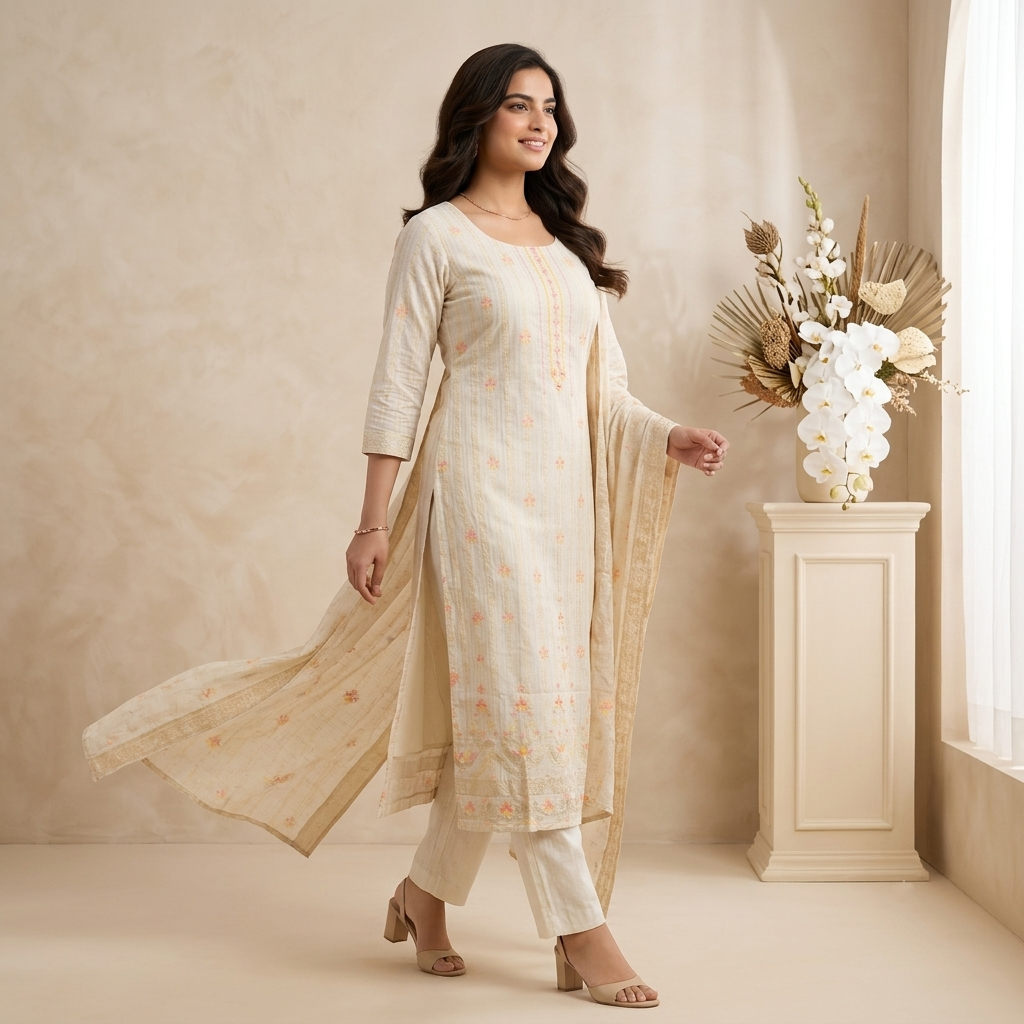 Cream Floral Embroidered 3 Pcs Suit Set