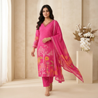 Pink Botanical Print 3 Pcs Suit Set