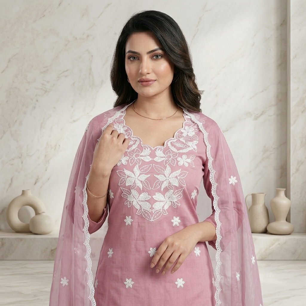 Dusty Rose Floral Embroidered 3 Pcs Suit Set