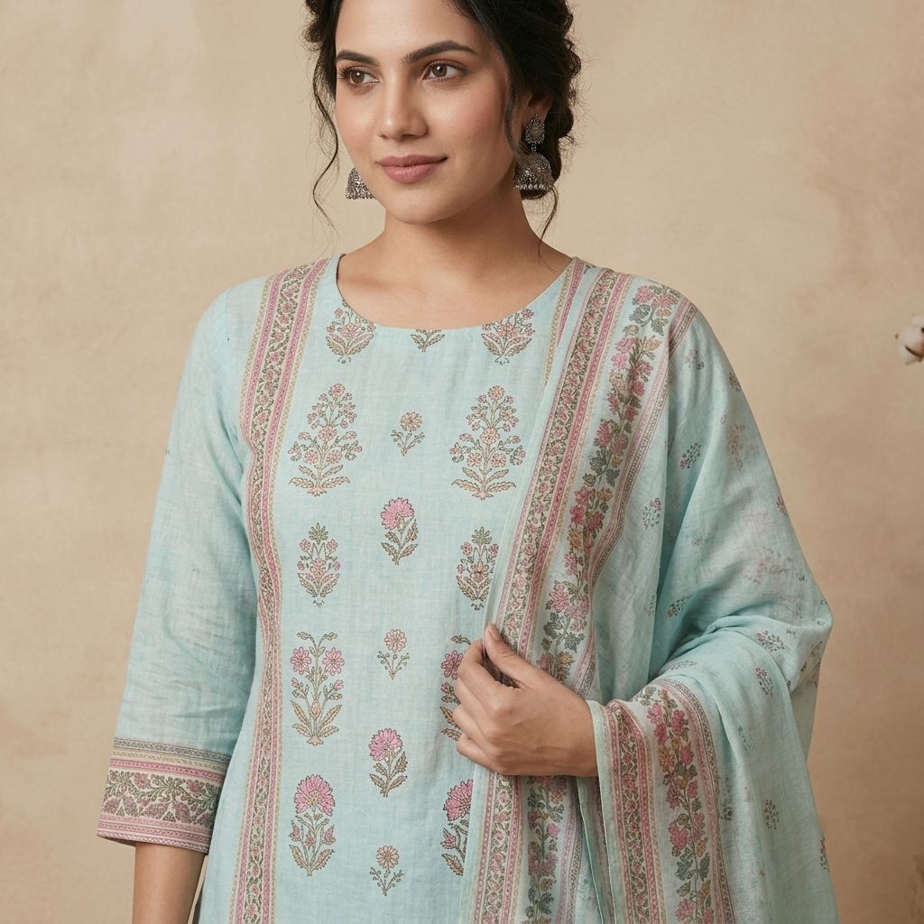 Aqua Floral Print 3 Pcs Suit Set