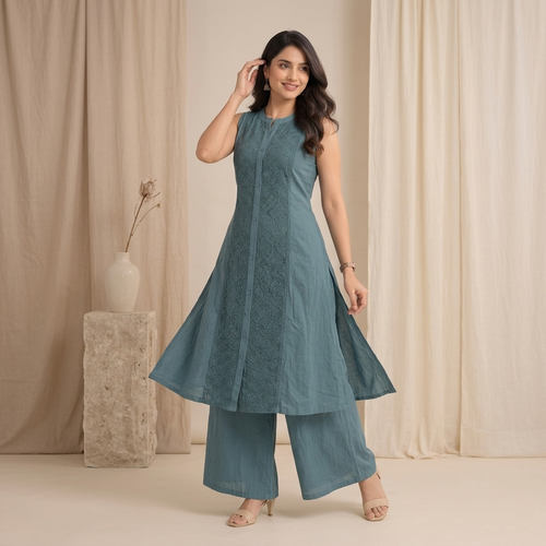 A-Line Teal Kurta Palazzo Set