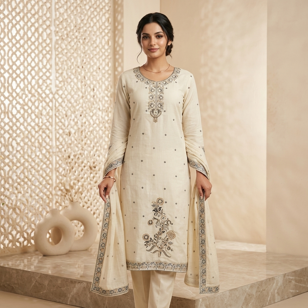 Ivory Embroidered 3 Pcs Suit Set
