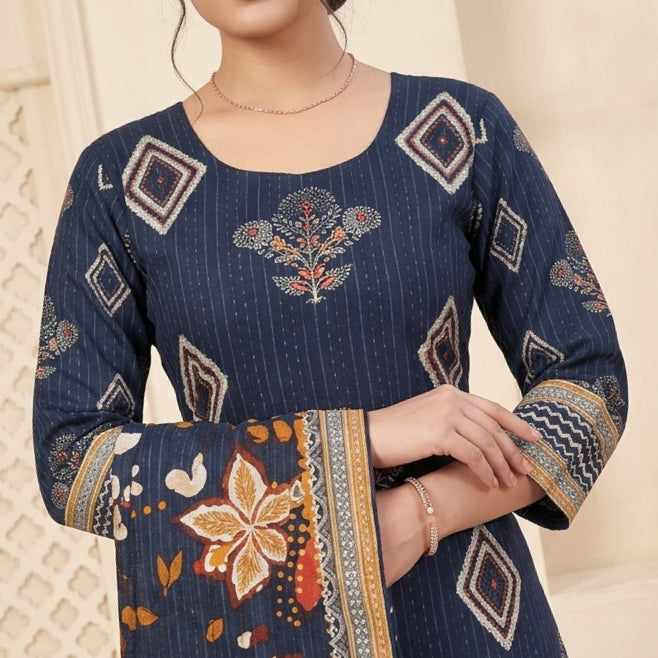 Midnight Blue Ethnic Print 3 Pcs Suit Set