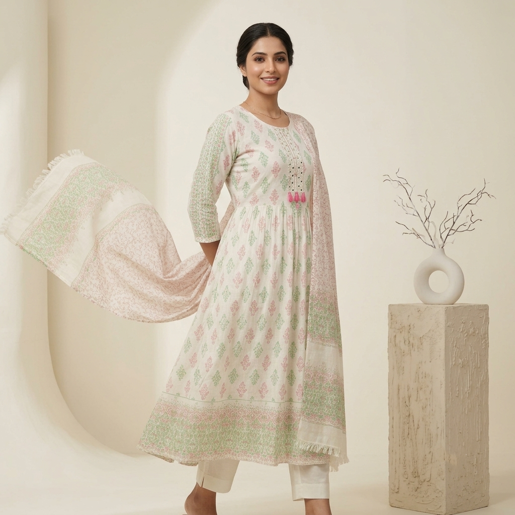 Ivory Printed Anarkali 3 Pcs Suit Set