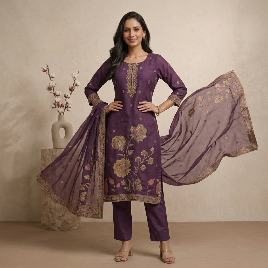 Plum Floral 3 Pcs Suit Set