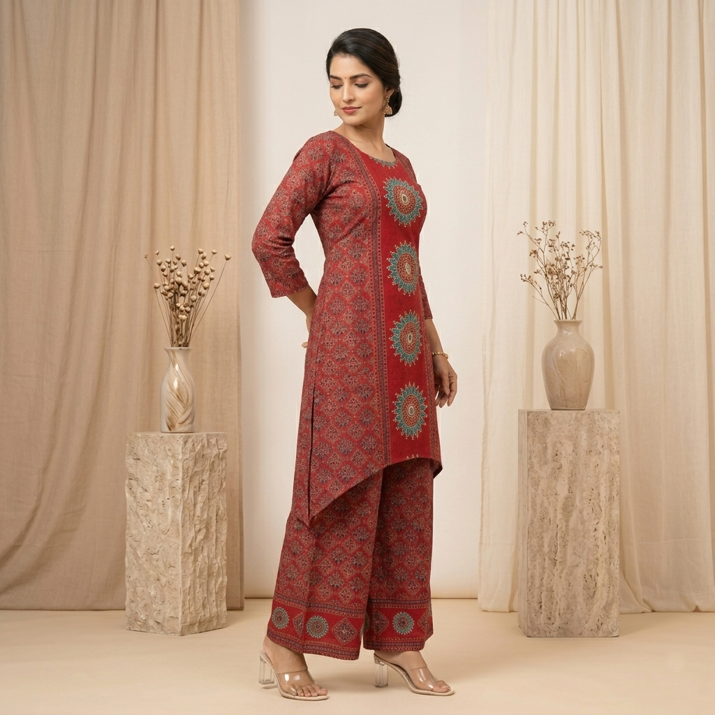 Red Ethnic Print Kurta Set