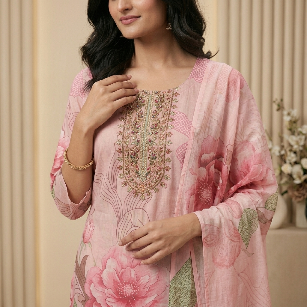 Pink Floral Print 3 Pcs Suit Set