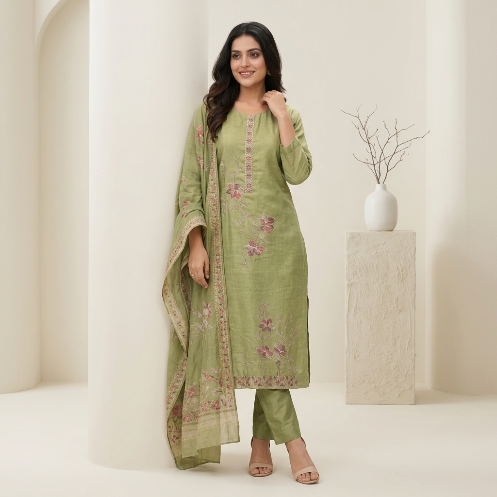 Sage Green Blossom 3 Pcs Suit Set