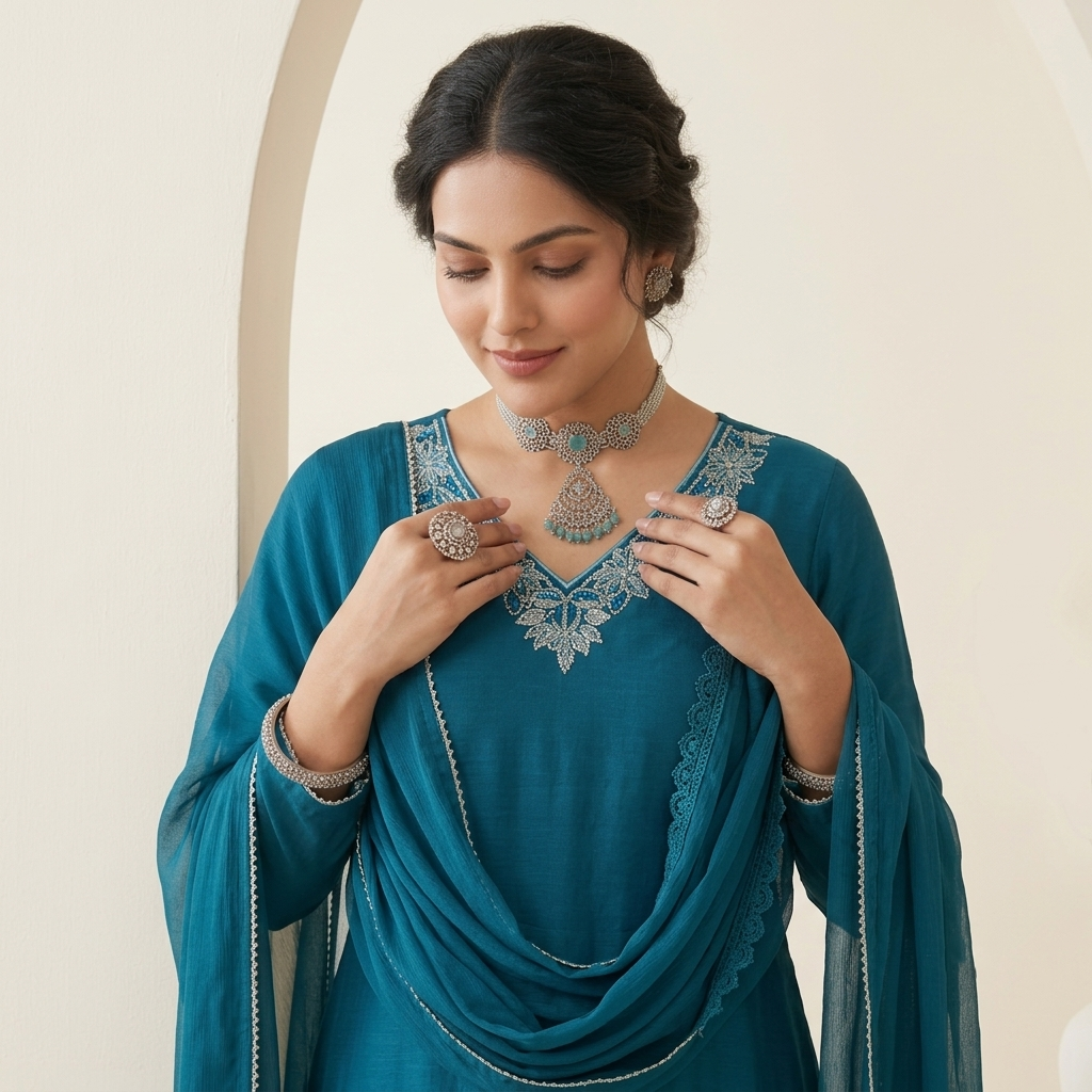 Peacock Blue Embroidered 3 Pcs Suit Set