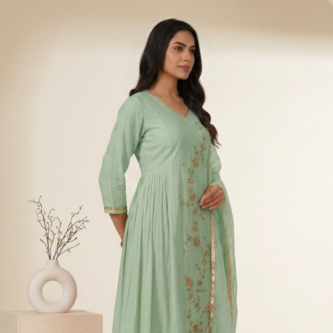 Mint Green Anarkali 3 Pcs Suit Set