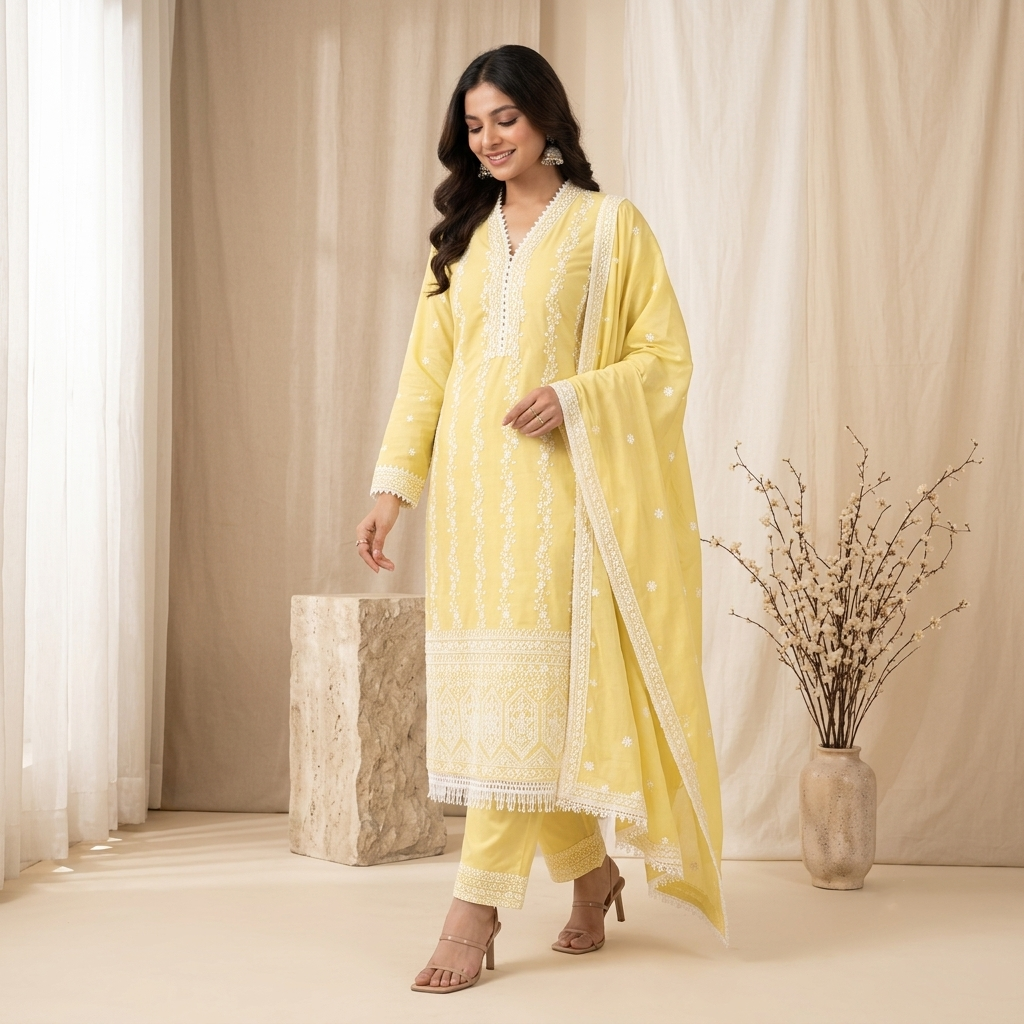Lemon Yellow Embroidered 3 Pcs Suit Set
