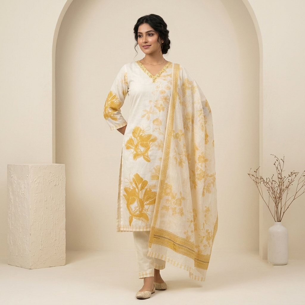 Mustard Floral Print Off White 3 Pcs Suit Set