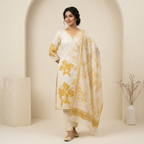 Mustard Floral Print Off White 3 Pcs Suit Set