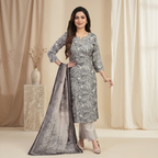 Grey Floral Printed 3 Pcs Suit Set