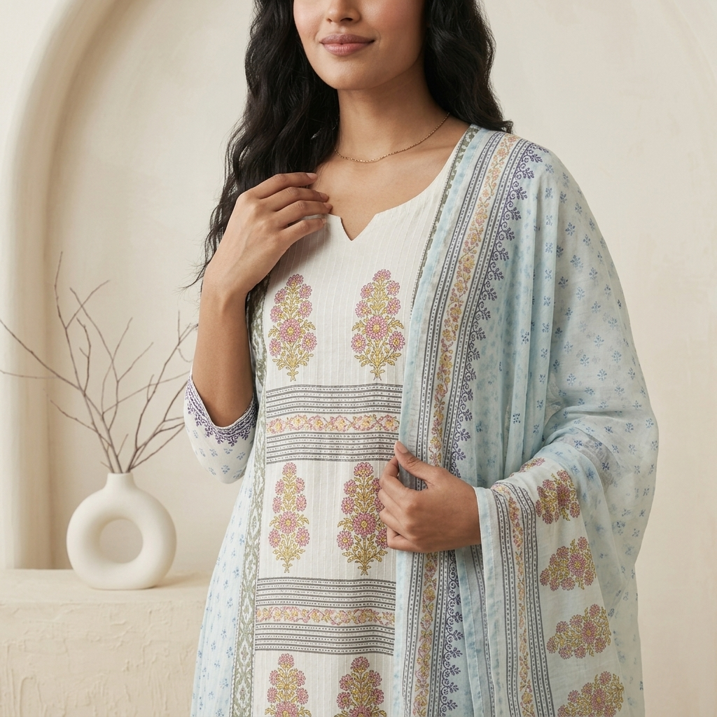 Ivory Motif Printed 3 Pcs Suit Set