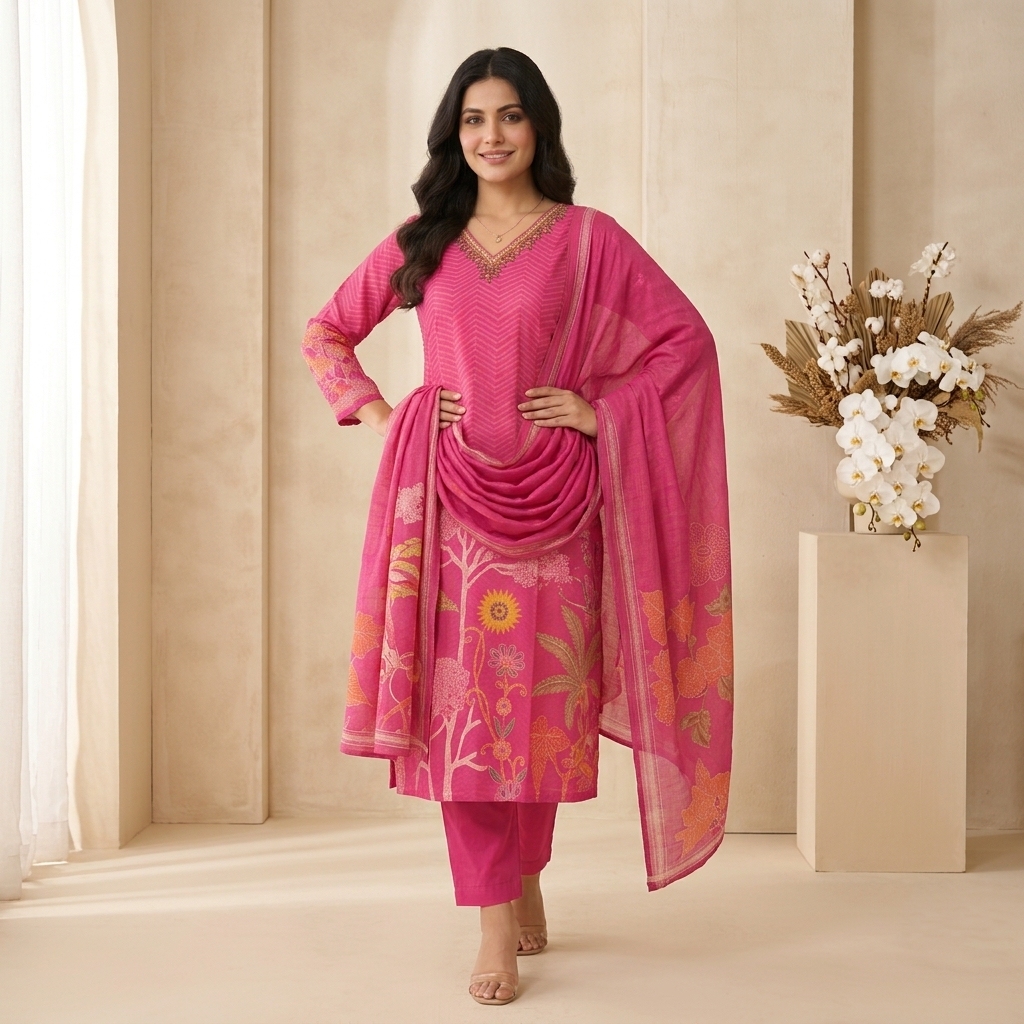 Pink Botanical Print 3 Pcs Suit Set