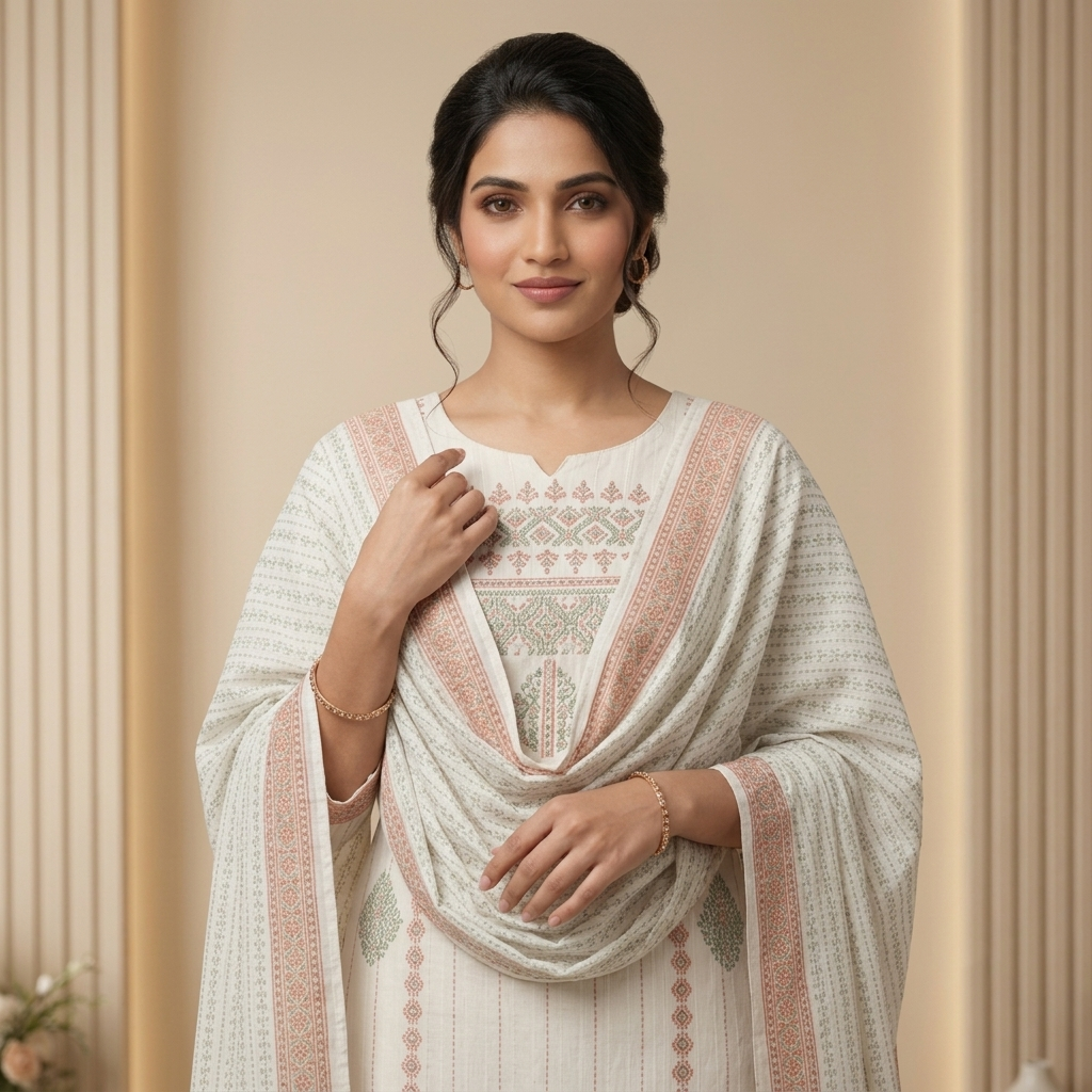 White & Peach Printed 3 Pcs Suit Set