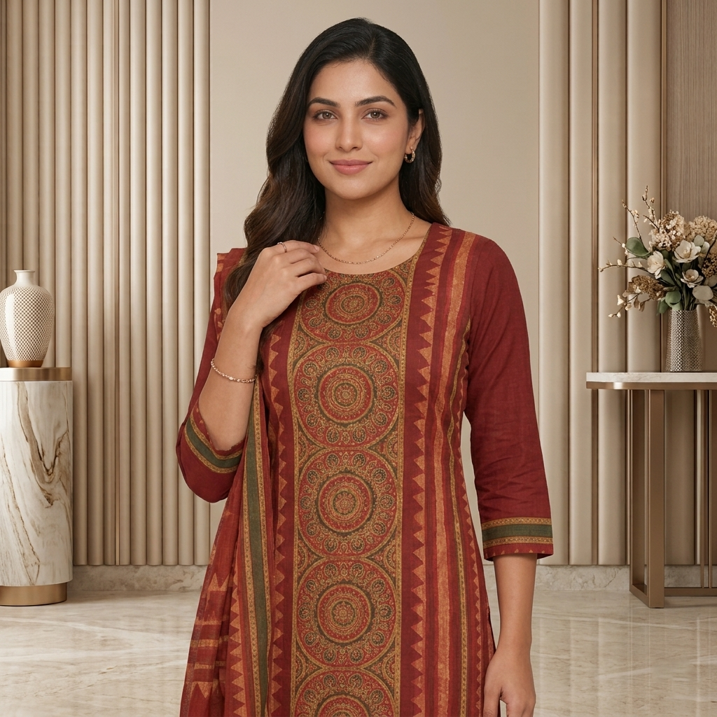 Ajrakh Folk Print Red 3 Pcs Suit Set
