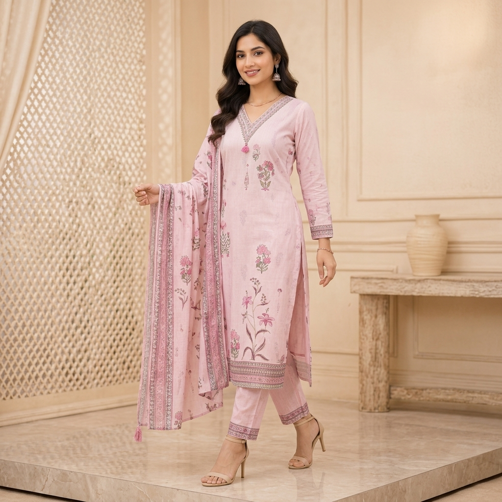 Blush Pink Floral 3 Pcs Suit Set