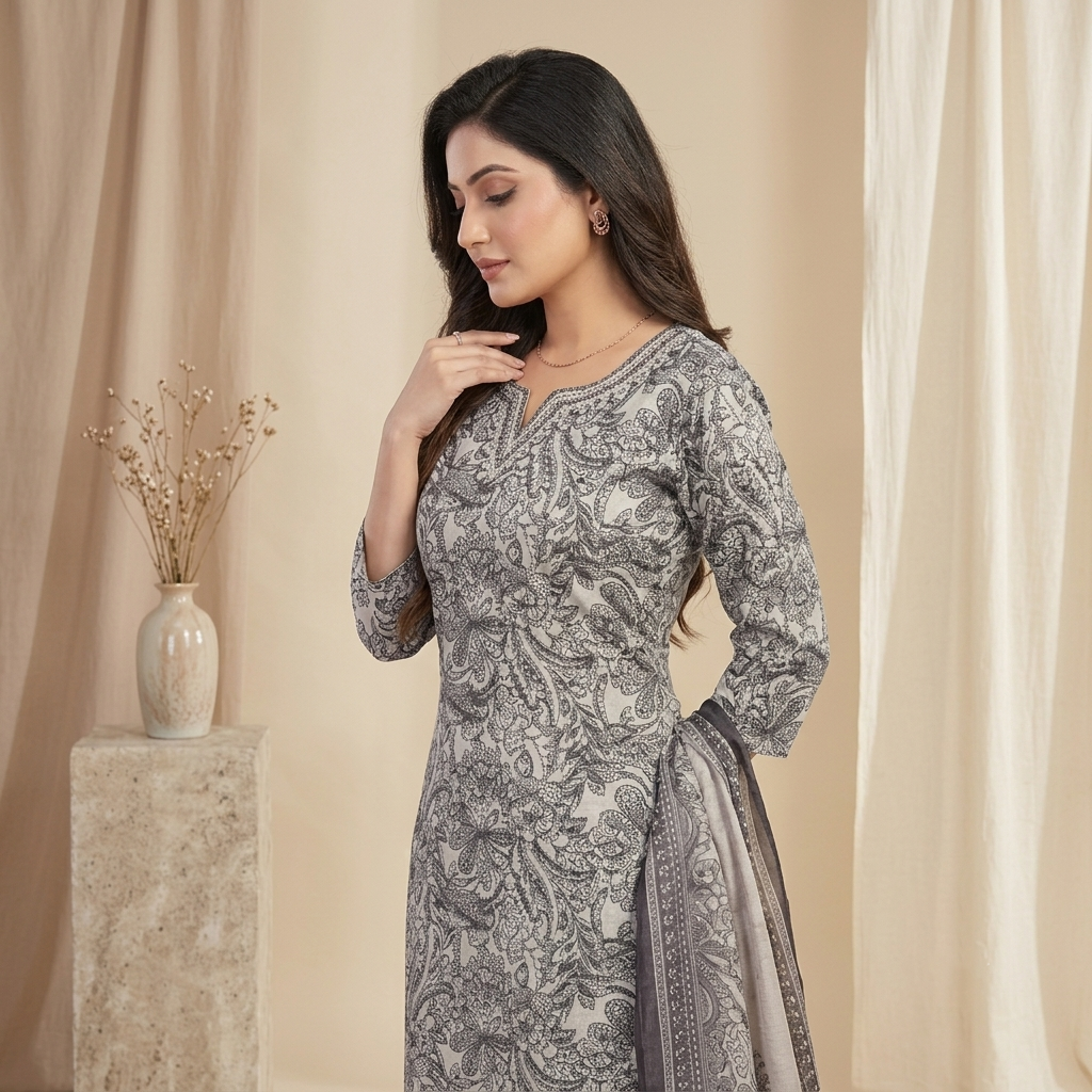 Grey Floral Printed 3 Pcs Suit Set