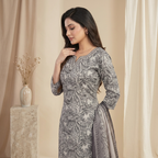 Grey Floral Printed 3 Pcs Suit Set