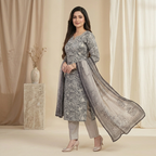 Grey Floral Printed 3 Pcs Suit Set