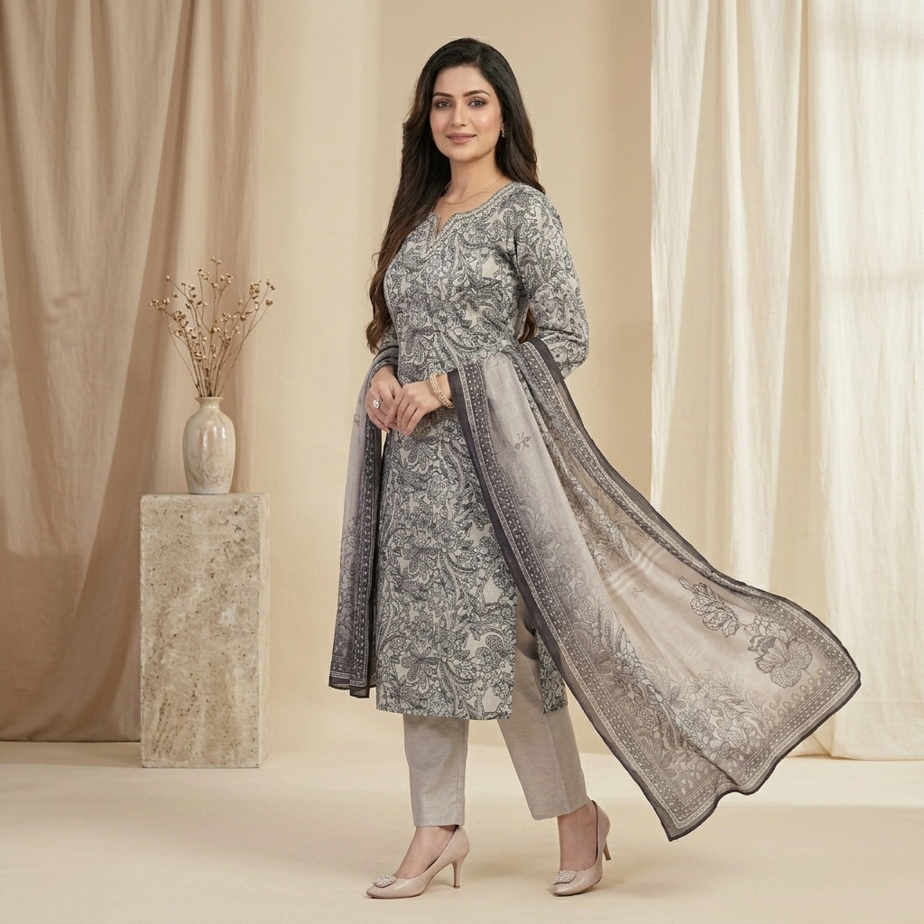 Grey Floral Printed 3 Pcs Suit Set