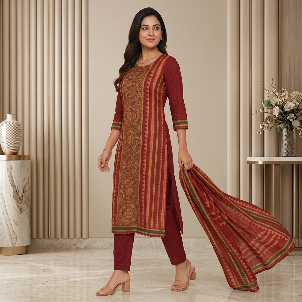 Ajrakh Folk Print Red 3 Pcs Suit Set