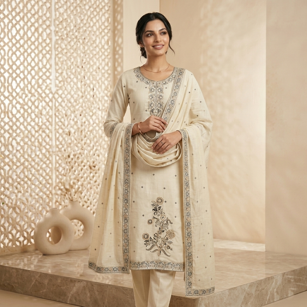 Ivory Embroidered 3 Pcs Suit Set